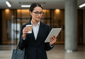 Confident Businesswoman Using Tablet and Holding Coffee in Modern Office Lobby