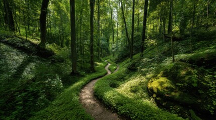 Obraz premium Winding Path Through Lush Green Forest, Evoking Serenity and a Journey of Self-Discovery in Nature : Generative AI