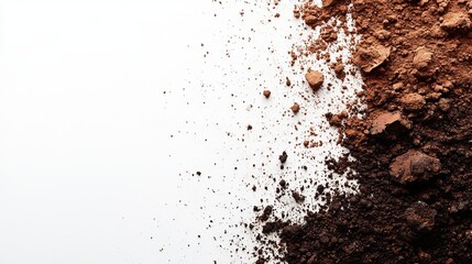 Close-up of dark and light brown powder, possibly cocoa, scattered on white background. Texture, shades, and contrast are prominent