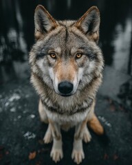 Fototapeta premium Majestic wolf with striking eyes, capturing the essence of wilderness and strength.