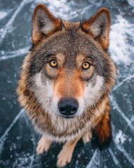 Fototapeta premium A majestic wolf staring intently, showcasing its captivating eyes and beautiful fur.