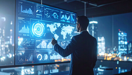 Businessman Managing Company Data with a holographic interface display