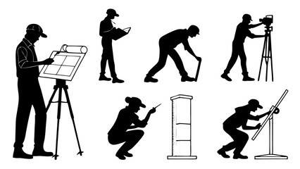 Silhouettes of Surveyors Architects and Engineers Working with Technical Tools and Equipment Vector Illustration Set