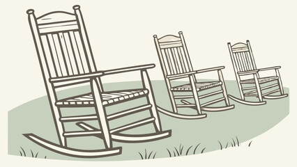 Empty Wooden Rocking Chairs Lined Up on Green Grass Simple Illustration Outdoor Relaxation