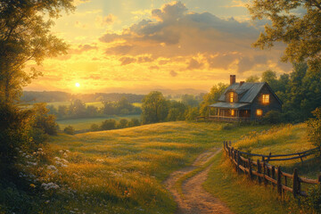 Fototapeta premium Golden Hour Falls Over the Peaceful Farmhouse