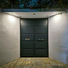 Minimalist, Iluminated double-door recessed entrance with horizontal panels. Stone paved floor, with a few scattered leaves.
