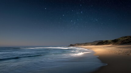 Fototapeta premium Starry Night Sky Over Ocean Beach at Dusk, Showcasing Tranquility and Coastal Getaways : Generative AI