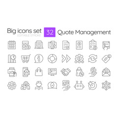 Quote management line icons set. Product strategy, analytics. Workflow communication, statistics. Isolated vector outline illustrations. Thin lineart iconset symbols. Editable stroke