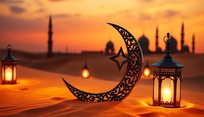 Ramadan Lanterns and Crescent Moon in Desert at Sunset
