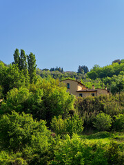 A farmhouse between vibrant greenery, with trees and plants, futures traditional architectural elements, including a clay-tile roof beneath a clear, blue sky. Travel to Tuscany, Italy.