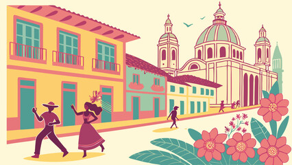 Illustrated Latin American street scene with dancing couple, colorful colonial buildings, and cathedral.