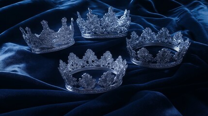 A high-angle shot of three majestic silver crowns placed on a luxurious, dark velvet backdrop, emphasizing their royal elegance for Epiphany Day. 