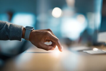 Person Using Smartwatch Tapping on a Surface, Symbolizing Connectivity and Modern Technology for Business and Innovation : Generative AI
