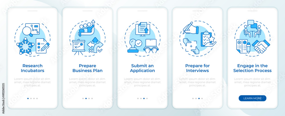 Canvas Prints startup incubator recruitment blue onboarding mobile app screen. walkthrough 5 steps editable graphi