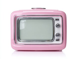 Retro pink television set on white background studio shot front view vintage style home appliance entertainment device