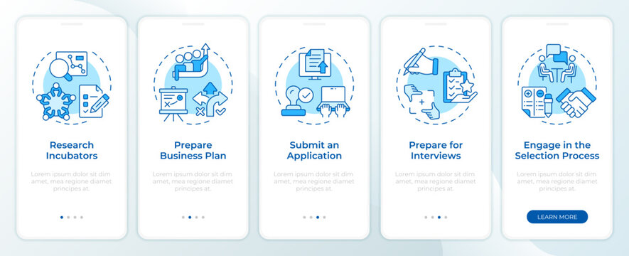 Startup incubator recruitment blue onboarding mobile app screen. Walkthrough 5 steps editable graphic instructions with linear concepts. UI, UX, GUI. Montserrat SemiBold, Regular fonts used