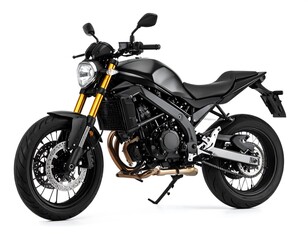 Black Motorcycle On White Background With Gold Suspension Detailed View