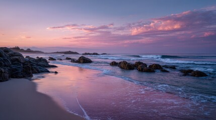Obraz premium Pink Sunset Over Rocky Beach With Gentle Waves, Evoking Coastal Serenity and Peaceful Escape for Travel and Tourism Campaigns : Generative AI