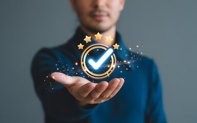Person holding virtual quality badge with checkmark and five stars glowing above palm on dark background