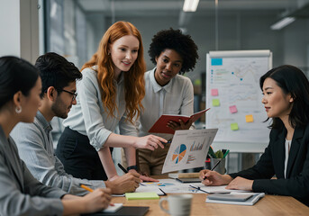Diverse Business Team Collaboration Analyzing Data, Brainstorming, Meeting in Modern Office.