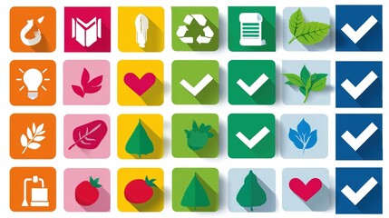 A colorful grid of eco-friendly, nature, and sustainability icons with check marks and plant symbols.