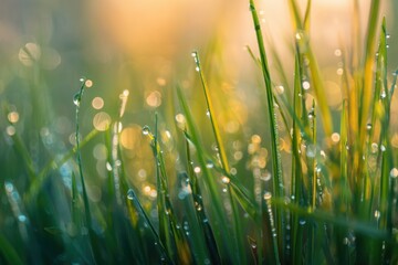 Fototapeta premium Close-Up of Grass Blades with Dew Drops at Sunrise, Symbolizing Fresh Start and Environmental Awareness, Ideal for Wellness and Green Initiatives : Generative AI