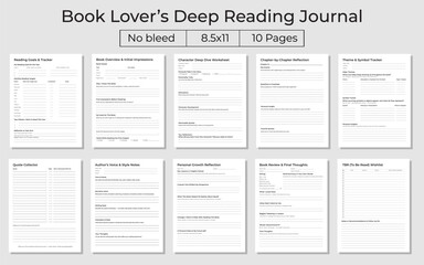 Deep Reading Journal for Book Lovers – Track Reading Goals, Characters, Themes, Quotes & Reviews – Reflect & Enhance Your Literary Journey – Printable Planner Bundle - vector Illustration.