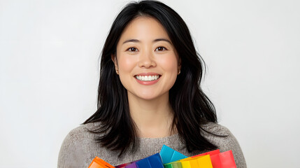 Happy smiling Asian woman holding colorful shopping bags