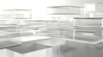 3D render of translucent cubes floating on a reflective white surface, creating a minimalist composition.