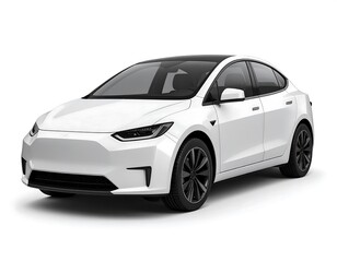 White Electric Car With Black Wheels And Panoramic Glass Roof On White Background