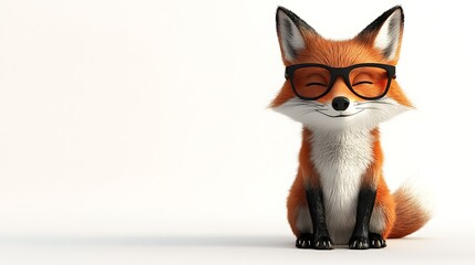 3D render of a cute fox wearing glasses, sitting on a white background, appearing friendly and playful.