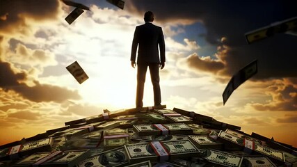 Man Stands Atop Huge Pile of Dollar Bills - Powered by Adobe