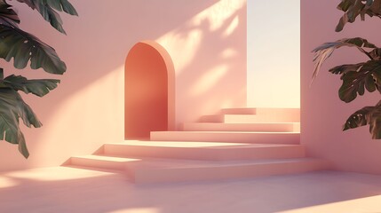 3D render of a minimalist, pink staircase leads towards a glowing, rectangular portal within a leafy space.