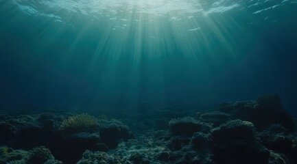 Obraz premium Sunlight streams underwater through dark, coral reef
