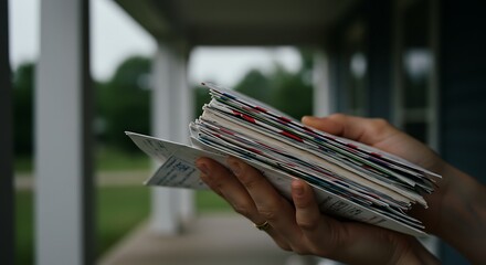 Holding Stack of Mail at Home Porch Sorting Through Letters