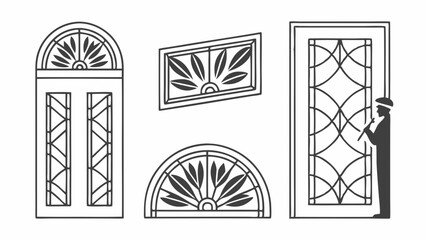 Decorative Window Grille Designs Arched Rectangular and Half-Circle Architectural Line Art Patterns