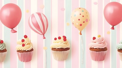 3D render showcases pastel balloons and cupcakes on a striped background, evoking a celebratory theme.