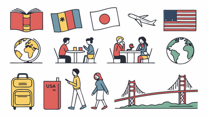 International Travel and Tourism Simple Flat Line Art Illustration with Flags, Globes, Airplane, Suitcase, People, Dining, Bridge