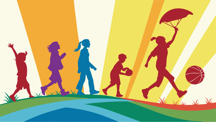 Colorful Silhouette Illustration of Children Playing Sports Running Walking and Jumping Outdoors Against Sun Rays