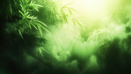 Lush green bamboo and misty mountains