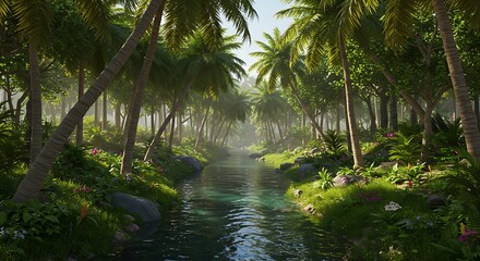 Luminous Stream: 3D Render of a Tropical Paradise