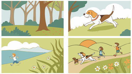 Naklejka premium Colorful Cartoon Illustration: Beagle Dog, Kids, and Dogs Running Outdoors in Forest, Hill, Lake, Sunset Scenes