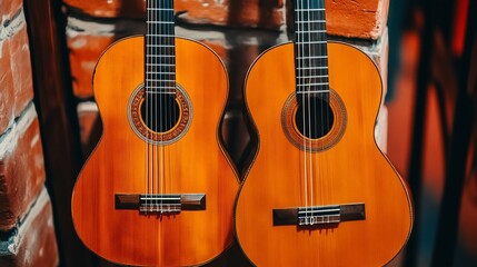 Two Acoustic Guitars Leaning Against a Brick Wall