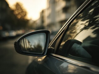 Car Side Mirror Reflecting City Street at Sunset, Illustrating Urban Mobility and Automotive Technology Innovation in Transportation : Generative AI