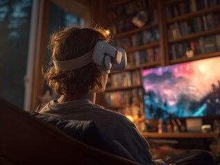 Obraz premium Teenager Immersed in Virtual Reality Headset at Home, Representing Digital Transformation and Cutting-Edge Technology, Enjoying Entertainment and Leisure : Generative AI