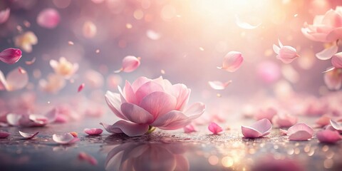Delicate pink flower petals softly floating and drifting in a dreamy ethereal atmosphere with soft focus and warm light, evoking a sense of serenity and peace, gentle floating, peaceful ambiance