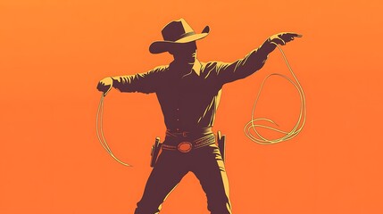 Digital illustration of a silhouetted cowboy holding a lasso, wearing a hat and western attire.