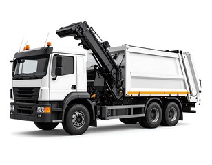 Isolated White Garbage Truck With Black Arm Against White Background