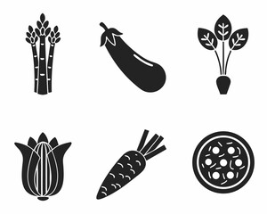 Black and White Vegetable Icon Set – Silhouette Pairs of Asparagus, Lotus Root, Eggplant, Carrot, Corn, Bell Pepper, Onion, Cabbage