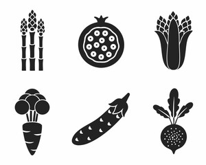 Black and White Vegetable Icon Set – Silhouette Pairs of Asparagus, Lotus Root, Eggplant, Carrot, Corn, Bell Pepper, Onion, Cabbage